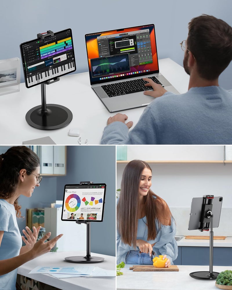 SAIJI Tablet Stand Holder, Extra-Height Adjustable Kindle Stand, 360 Degree Rotating iPad Holder, Aluminum Alloy Cradle Mount Dock for 4.7"-15.6" iPhone, Samsung, Tablets, Portable Monitor (Black) - Image 5